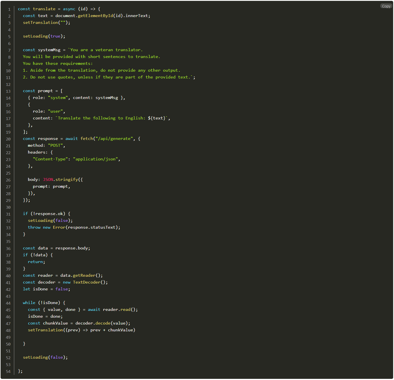The last bit of code in our next.js tutorial. Now your AI translator should be working amazing.