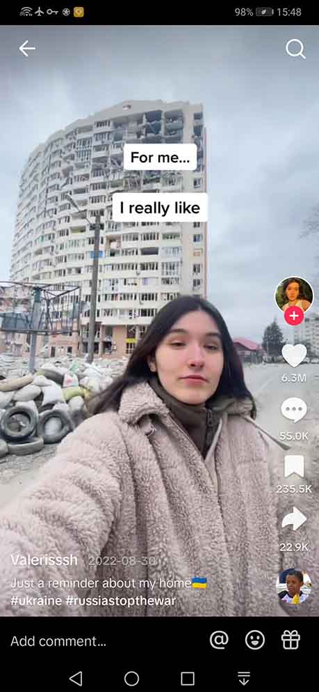 A Ukrainian woman sharing her story and her hometown's story on TikTok